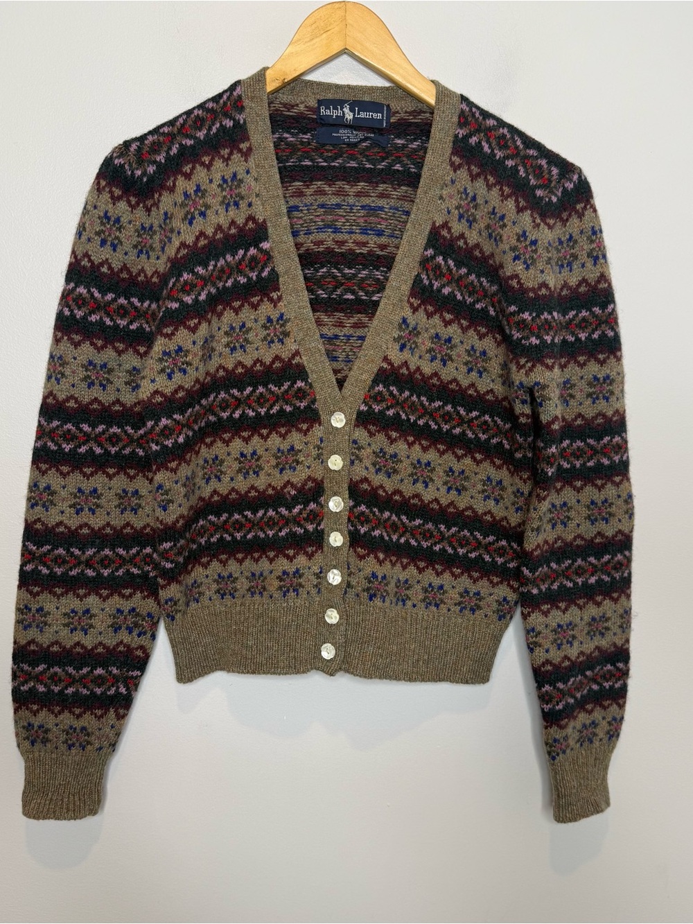 Ralph Lauren Vintage 80s Fair Isle Wool V-Neck Cardigan Pattern Sweater No Size